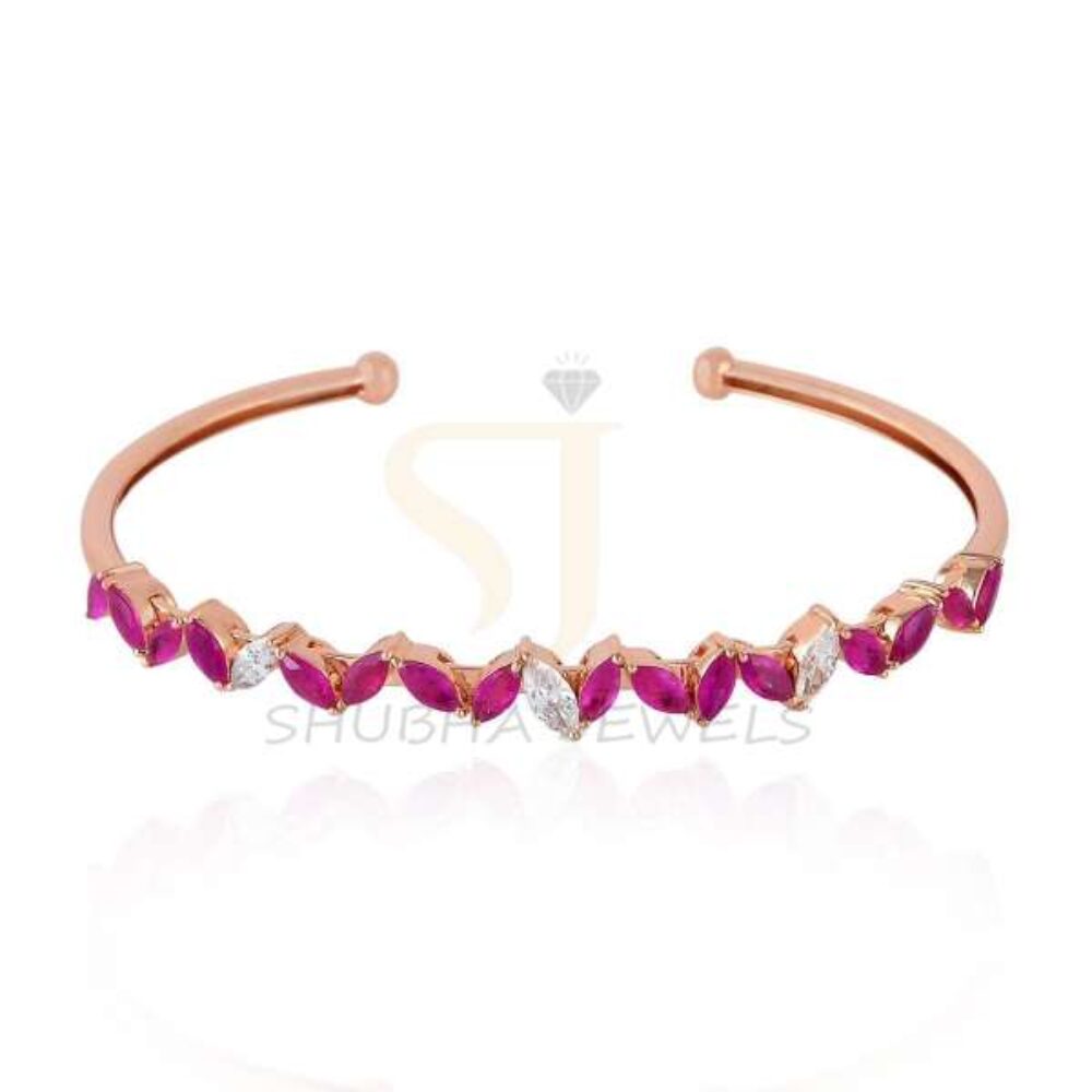 925 Sterling Silver Rose Gold Plated Ruby CZ Open Cuff Bangle | Marquise Stone Bracelet | Elegant Statement Jewelry for Women