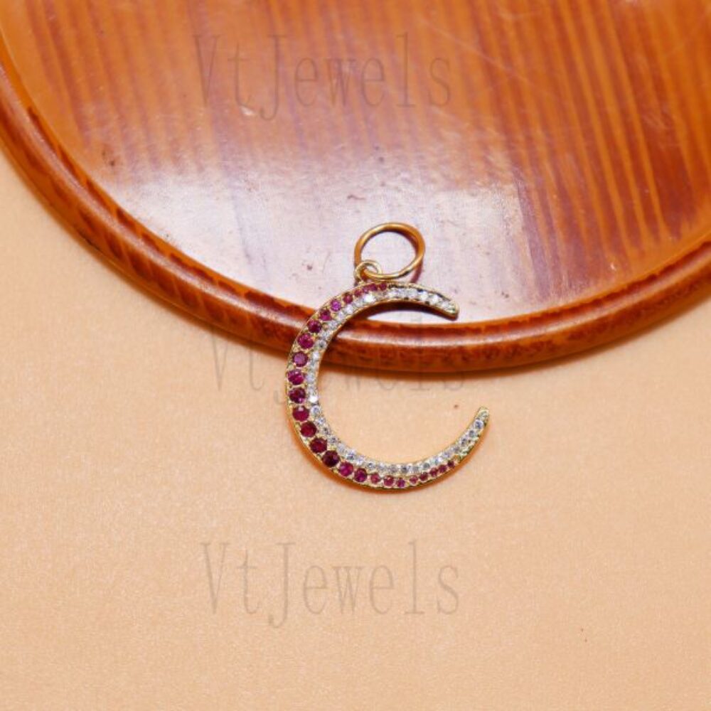925 Sterling Silver Ruby & Diamond Simulant Crescent Moon Pendant