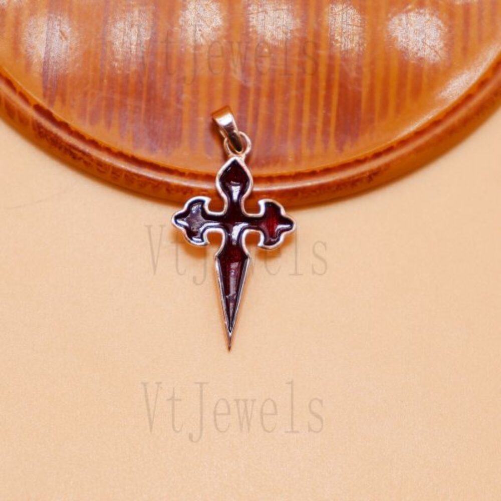 925 Sterling Silver Red Enamel Cross of Saint James Pendant