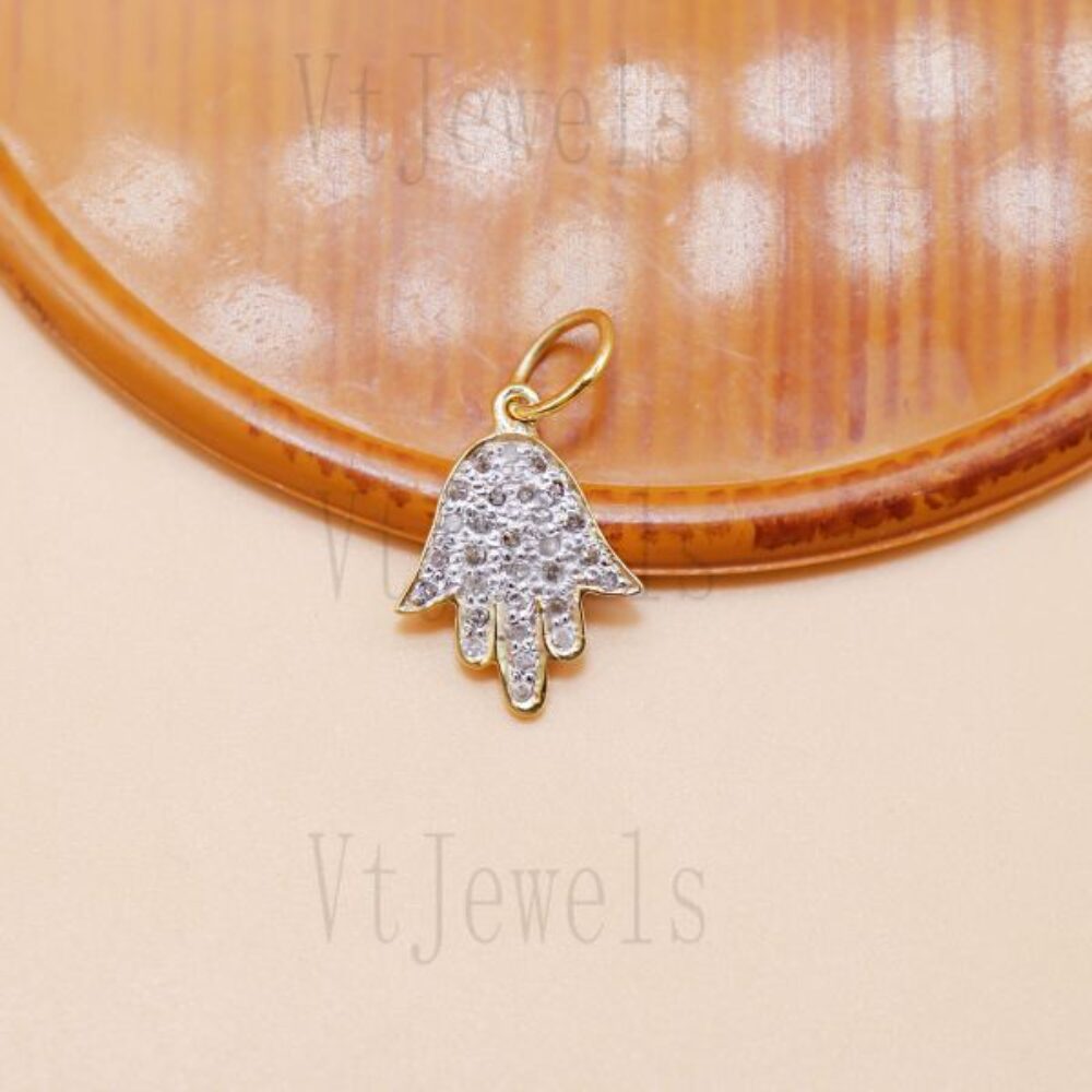 925 Sterling Silver Gold-Tone Pavé diamond Hamsa Hand Pendant