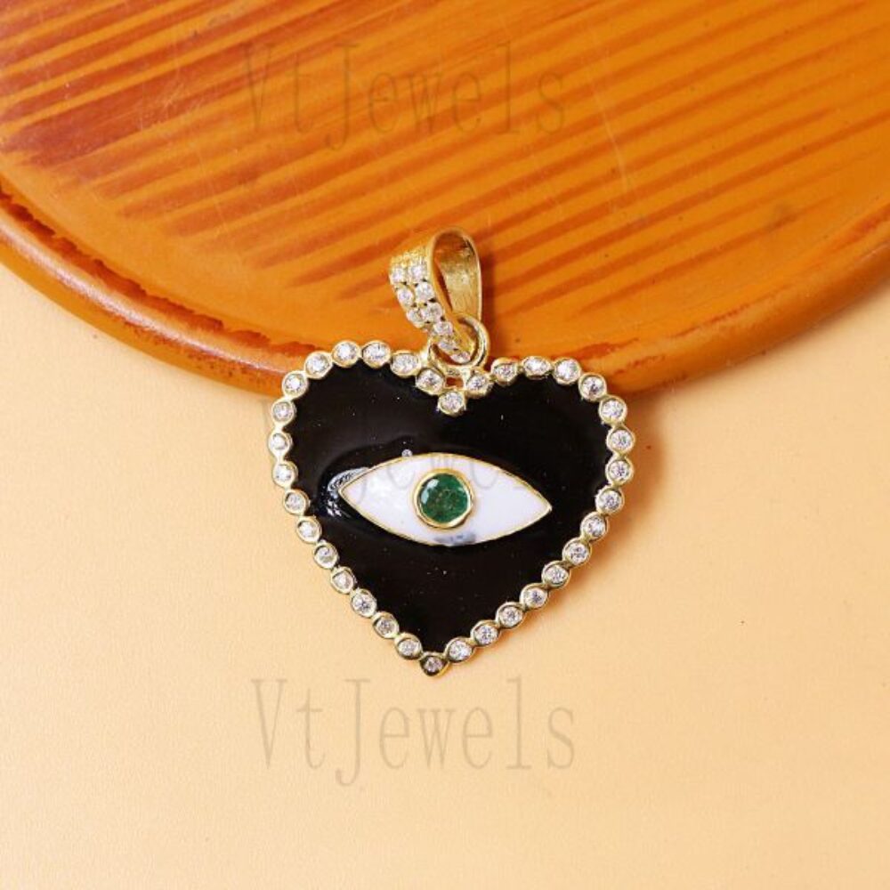 925 Sterling Silver Black Enamel Heart Evil Eye Pendant