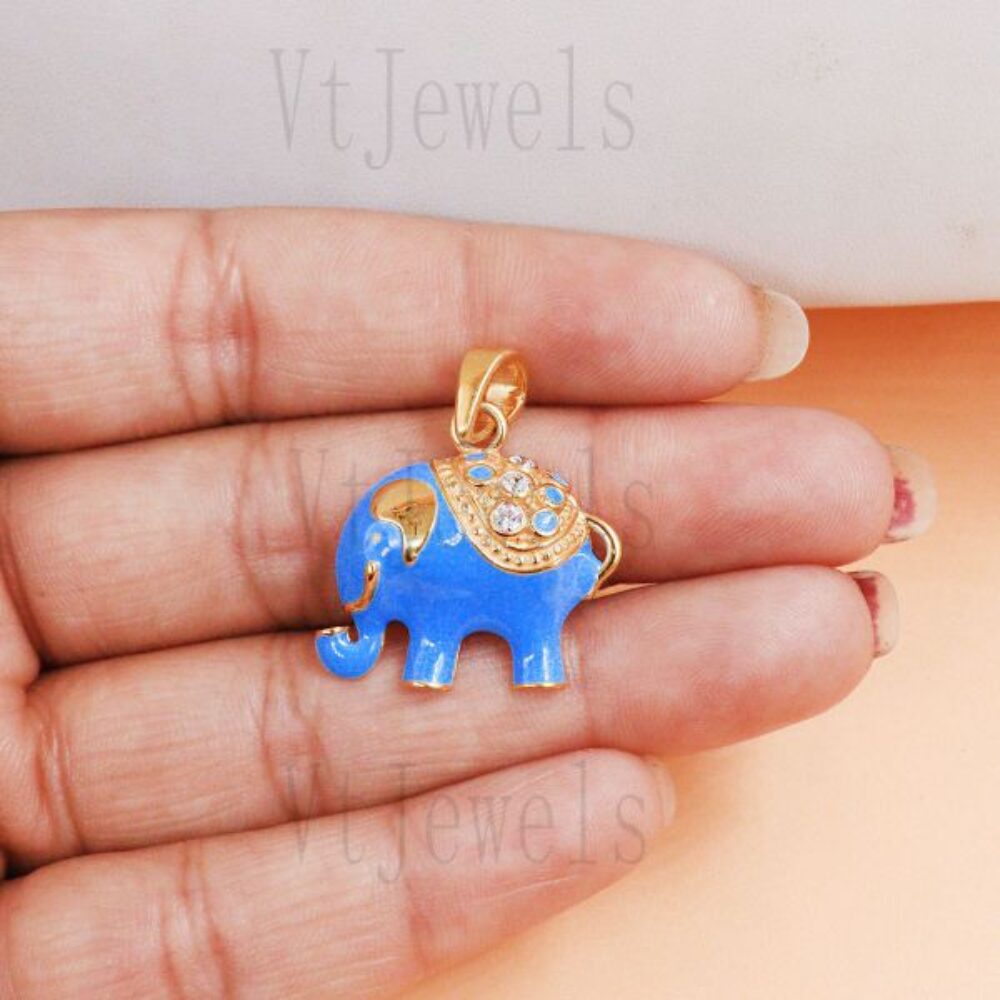 925 Sterling Silver Gold Plated Blue Enamel Elephant Pendant