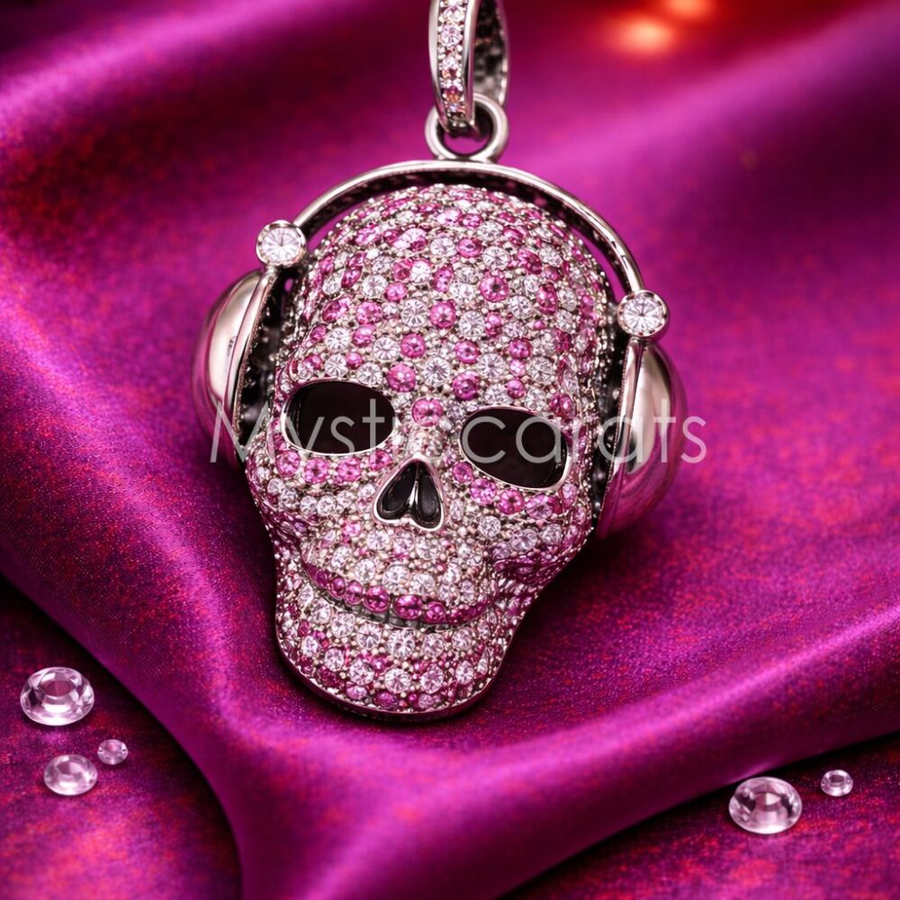 Pink & White pave diamond Skull with Headphones Pendant