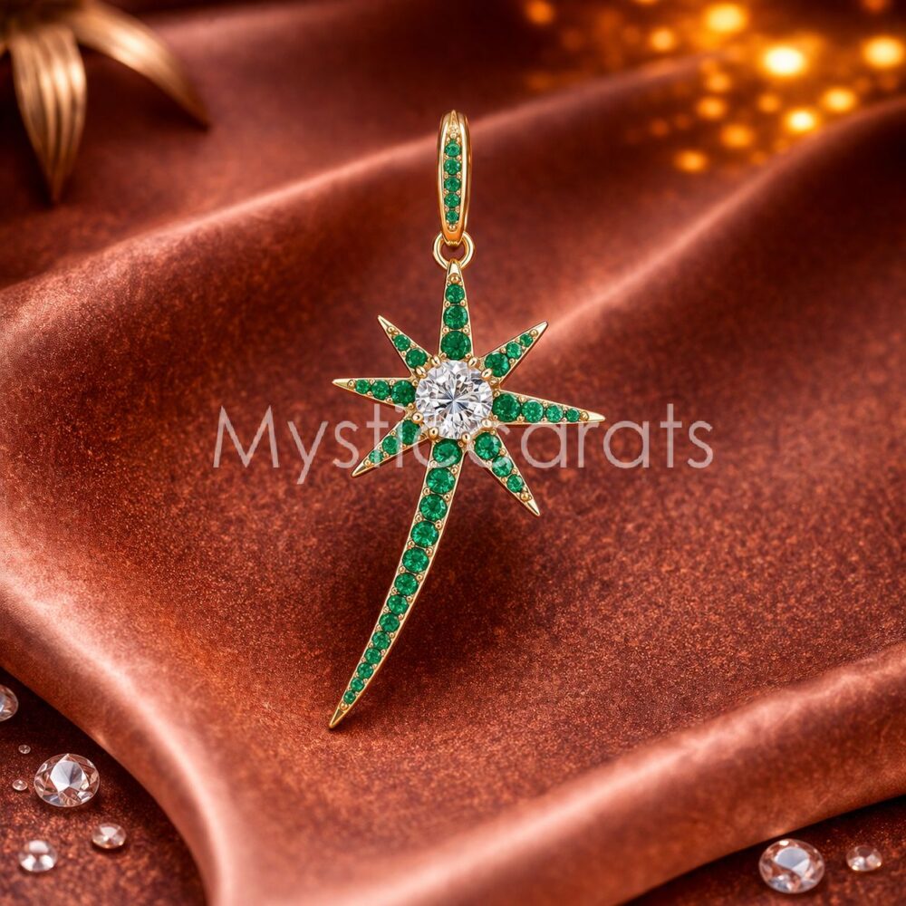 925 Sterling Silver Gold Plated Emerald Green and White North Star Pendant