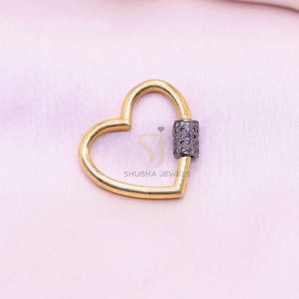 925 Sterling Silver Gold Plated Heart Screw Lock Connector with Pave Pave Diamond – Jewelry Clasp / Charm Holder