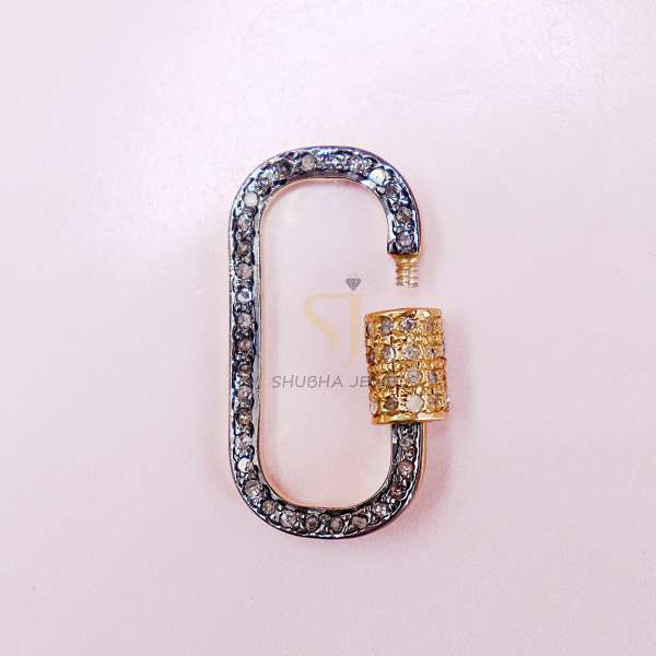 925 Sterling Silver Black Rhodium & Gold Pave Diamond Oval Screw Lock Connector | Luxury Carabiner Clasp - Image 2