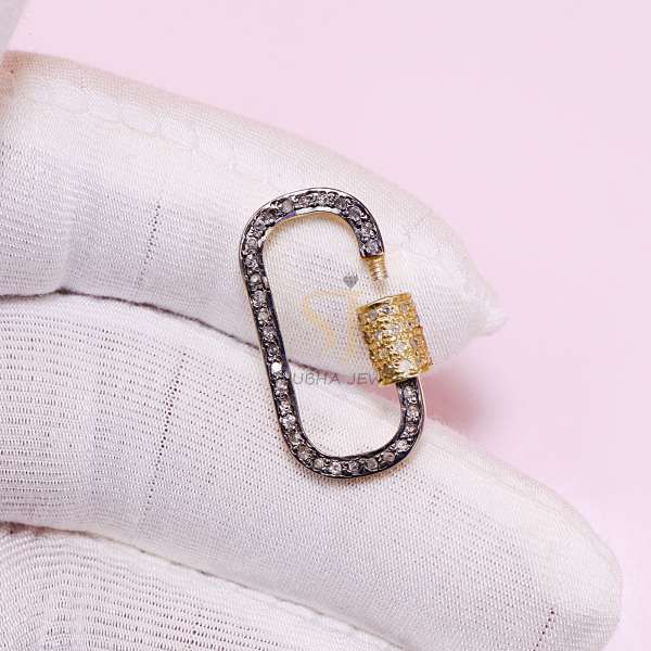 925 Sterling Silver Black Rhodium & Gold Pave Diamond Oval Screw Lock Connector | Luxury Carabiner Clasp - Image 10