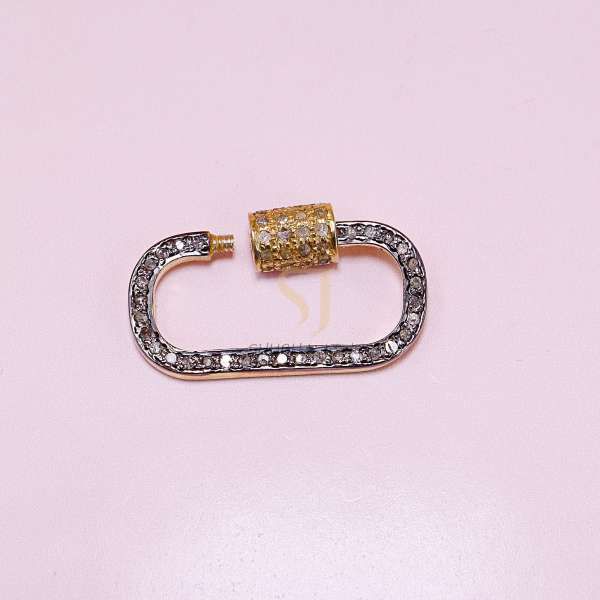 925 Sterling Silver Black Rhodium & Gold Pave Diamond Oval Screw Lock Connector | Luxury Carabiner Clasp - Image 5