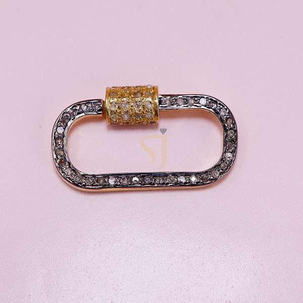 925 Sterling Silver Black Rhodium & Gold Pave Diamond Oval Screw Lock Connector | Luxury Carabiner Clasp - Image 6