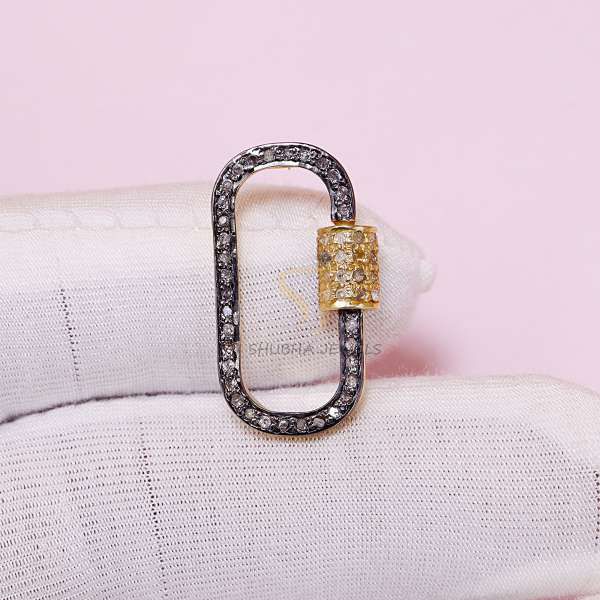 925 Sterling Silver Black Rhodium & Gold Pave Diamond Oval Screw Lock Connector | Luxury Carabiner Clasp - Image 8