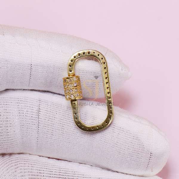 925 Sterling Silver Black Rhodium & Gold Pave Diamond Oval Screw Lock Connector | Luxury Carabiner Clasp - Image 9