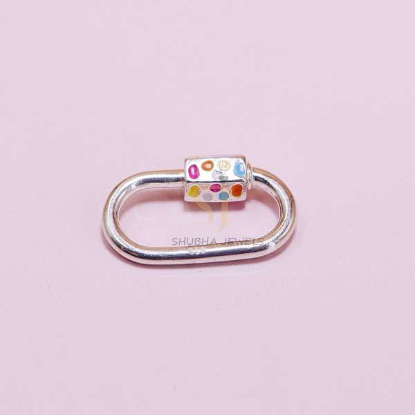 925 Sterling Silver Oval Screw Lock Connector with Multicolor Enamel Lock | Designer Carabiner Clasp - Image 3