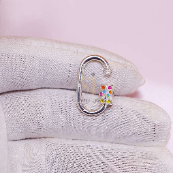 925 Sterling Silver Oval Screw Lock Connector with Multicolor Enamel Lock | Designer Carabiner Clasp - Image 5