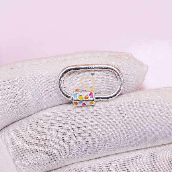 925 Sterling Silver Oval Screw Lock Connector with Multicolor Enamel Lock | Designer Carabiner Clasp - Image 7