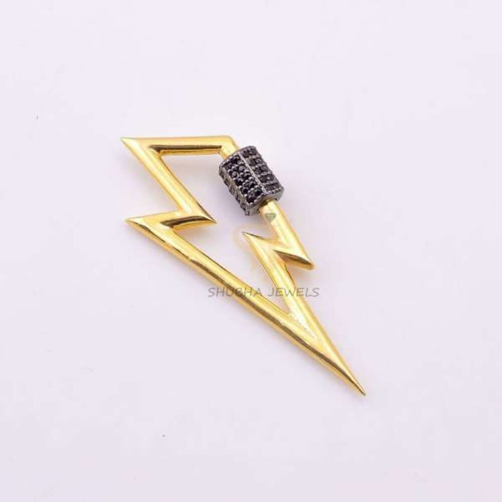 925 Sterling Silver Lightning Bolt Carabiner Clasp with Black Pave Diamond | Designer Jewelry Connector