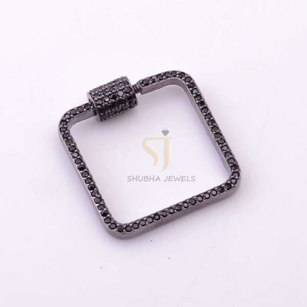 925 Sterling Silver Square Screw Lock Carabiner Clasp with Black Pave Diamond | Geometric Jewelry Connector