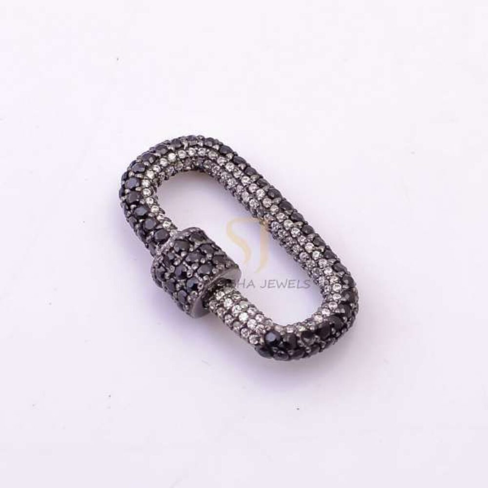 925 Sterling Silver Oval Screw Lock Carabiner Clasp with Black & White Pave Diamond | Luxury Jewelry Connector