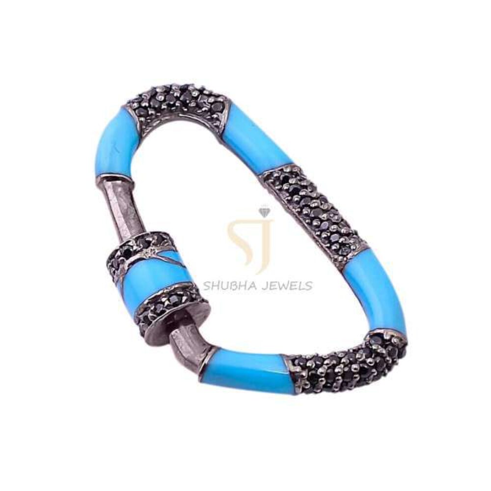 925 Sterling Silver Turquoise Enamel Carabiner Clasp with Black Pave Diamond | Designer Oval Connector