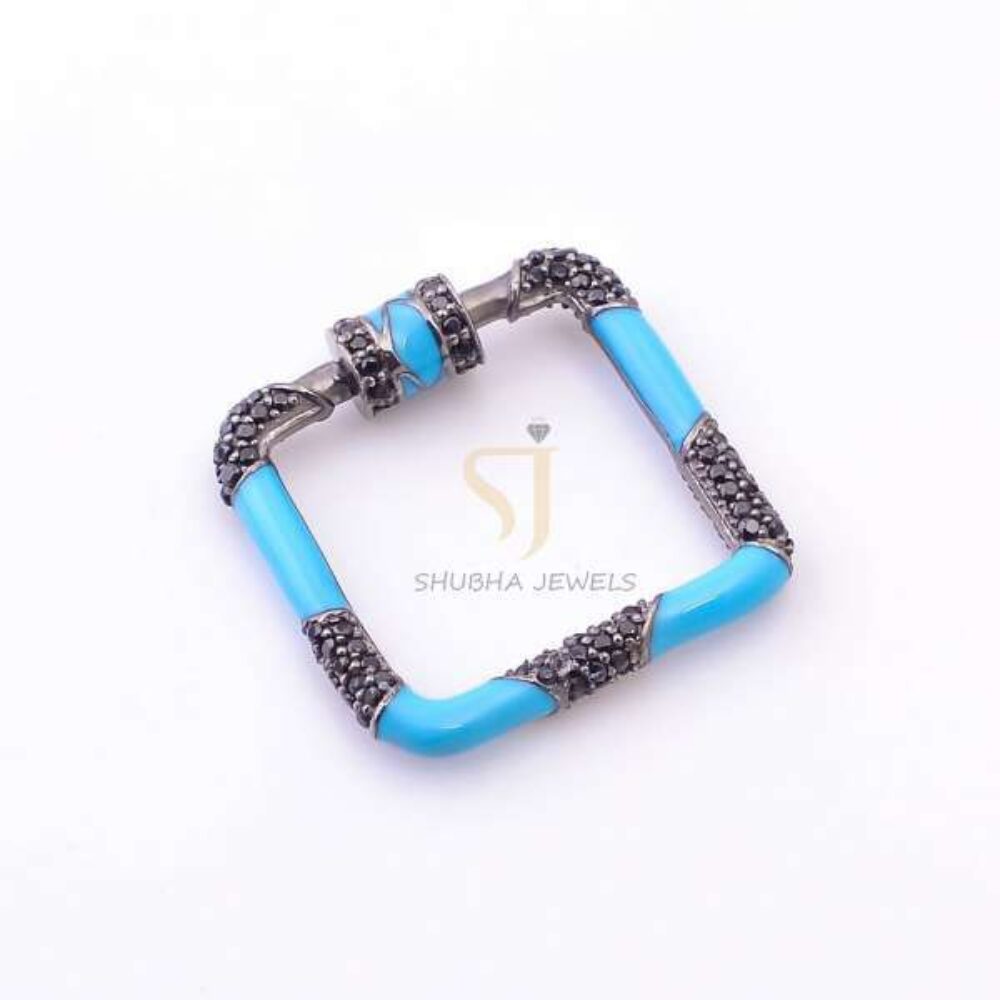 925 Sterling Silver Square Turquoise Enamel Screw Lock Carabiner Clasp with Black Pave Diamond | Designer Connector