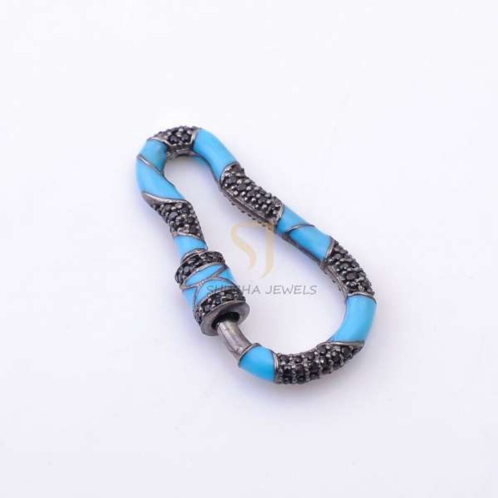 925 Sterling Silver Turquoise Enamel Designer Carabiner Clasp with Black Pave Diamond | Luxury Connector