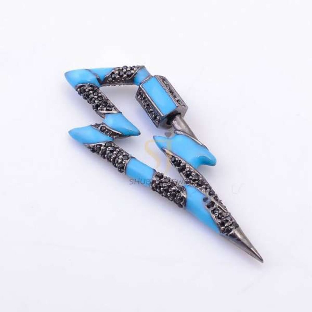 925 Sterling Silver Turquoise Enamel Lightning Bolt Carabiner Clasp with Black Pave Diamond | Designer Connector