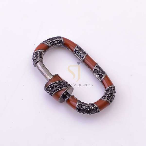 925 Sterling Silver Brown Enamel Oval Carabiner Clasp with Black Pave Diamond | Designer Jewelry Connector