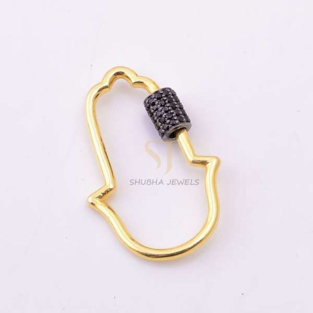 925 Sterling Silver Gold Plated Hamsa Hand Carabiner Clasp with Black Pave Diamond | Spiritual Jewelry Connector
