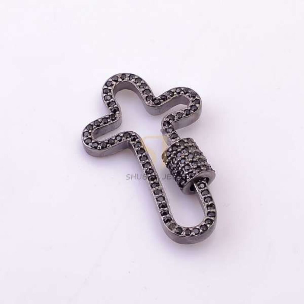 925 Sterling Silver Abstract Shape Carabiner Clasp with Black Pave Diamond | Designer Jewelry Connector