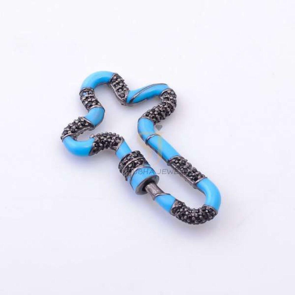 925 Sterling Silver Turquoise Enamel Abstract Carabiner Clasp with Black Pave Diamond | Designer Jewelry Connector