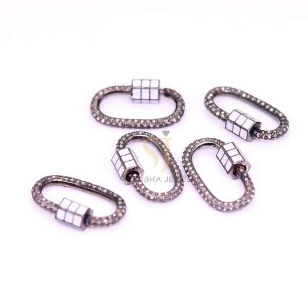 925 Sterling Silver Black Rhodium Pave Diamond Oval Screw Lock Connector with Geometric Cube Accent | Luxury Jewelry Clasp - Image 3