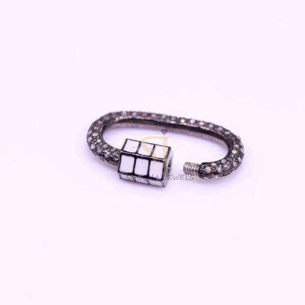 925 Sterling Silver Black Rhodium Pave Diamond Oval Screw Lock Connector with Geometric Cube Accent | Luxury Jewelry Clasp - Image 2