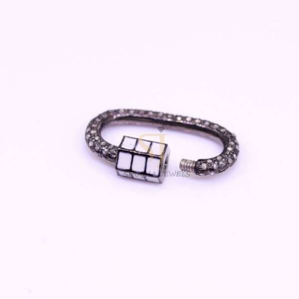925 Sterling Silver Black Rhodium Pave Diamond Oval Screw Lock Connector with Geometric Cube Accent | Luxury Jewelry Clasp