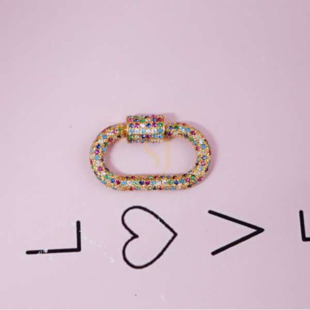 925 Sterling Silver Gold Plated Rainbow Pave Pave Diamond Oval Screw Lock Connector | Multicolor Designer Jewelry Clasp
