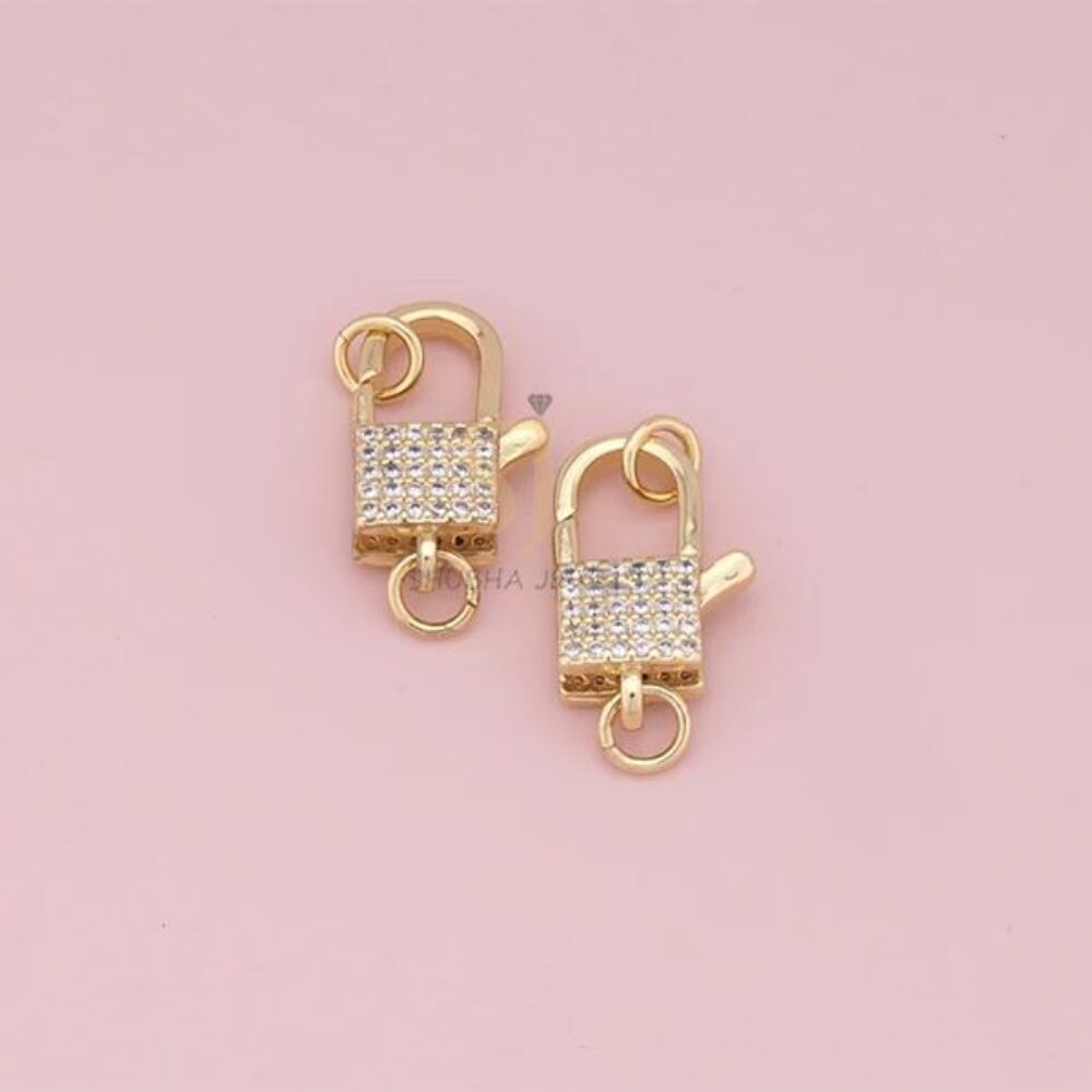 1 Pcs 925 Sterling Silver Gold Plated Pave Diamond Charm Holder Lock with Double Loop | Designer Connector