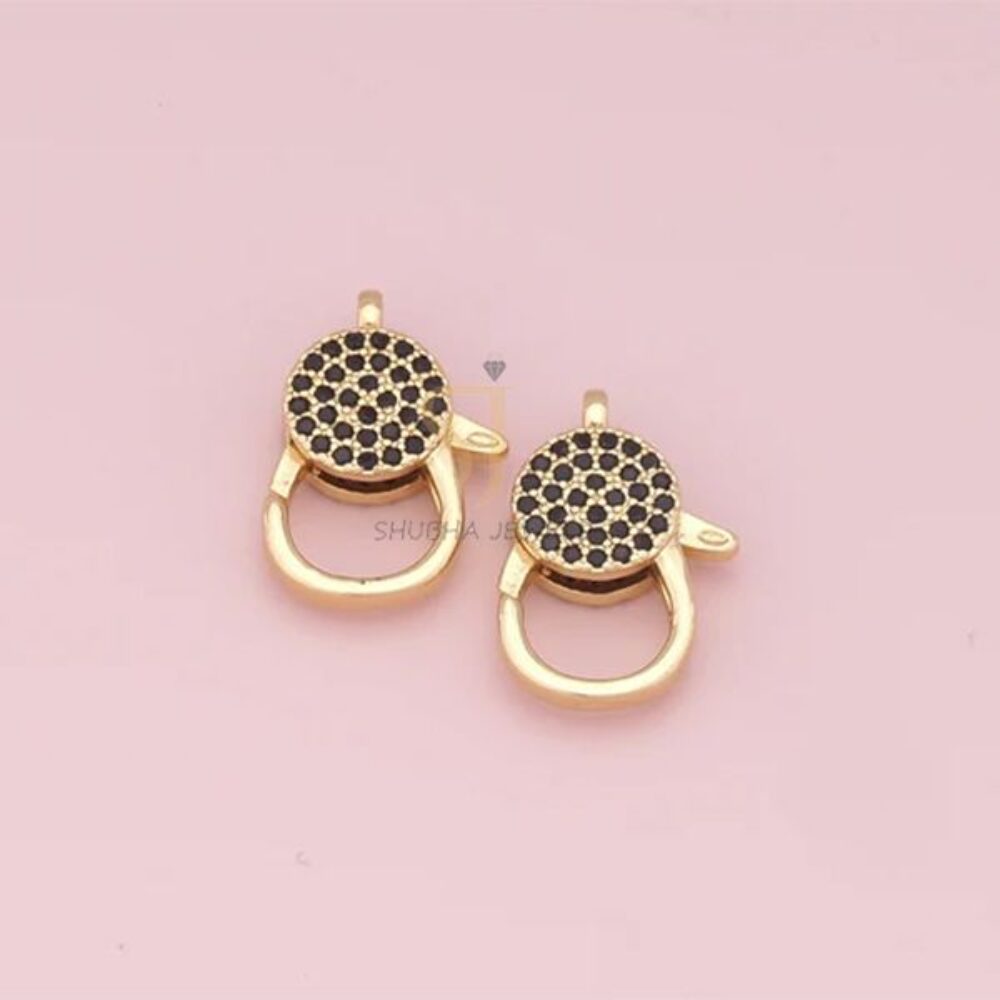 1 Pcs 925 Sterling Silver Gold Plated Round Pave Black Pave Diamond Charm Holder Lock | Designer Connector Clasp