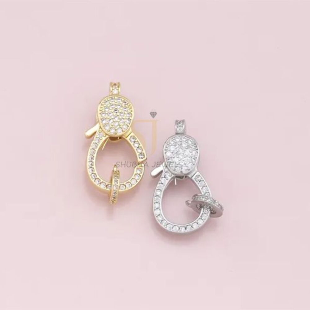 1 Pcs 925 Sterling Silver Pave Pave Diamond Oval Lobster Clasp with Round Top & Ring | Gold & Silver Designer Connector
