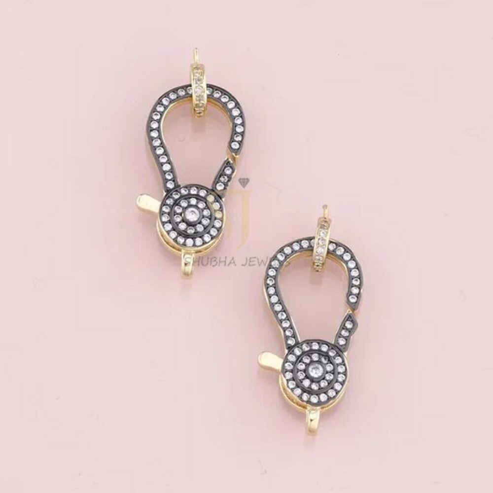 1 Pcs 925 Sterling Silver Two-Tone Pave Pave Diamond Designer Charm Holder Lock with Ring | Gold & Black Rhodium Connector