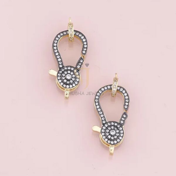 1 Pcs 925 Sterling Silver Two-Tone Pave Pave Diamond Designer Charm Holder Lock with Ring | Gold & Black Rhodium Connector