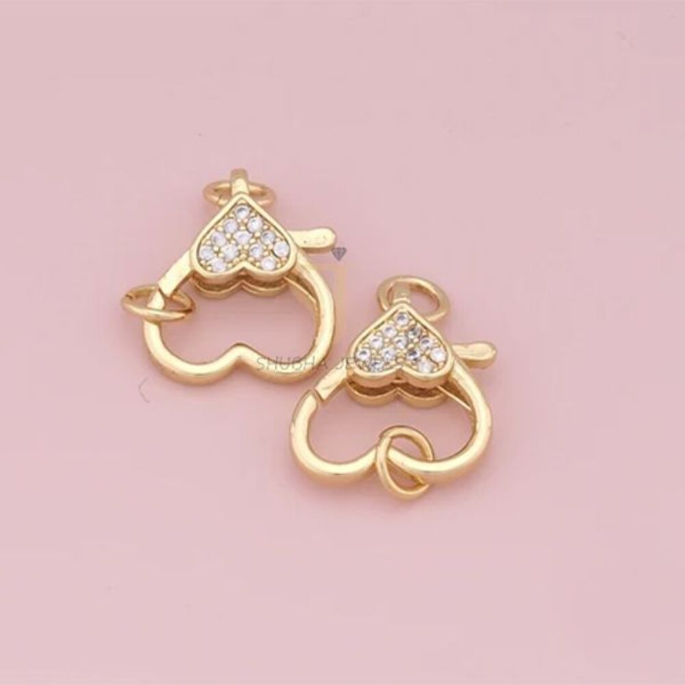 1 Pcs 925 Sterling Silver Double Heart Pave Pave Diamond Charm Holder Lock | Gold Plated Designer Connector
