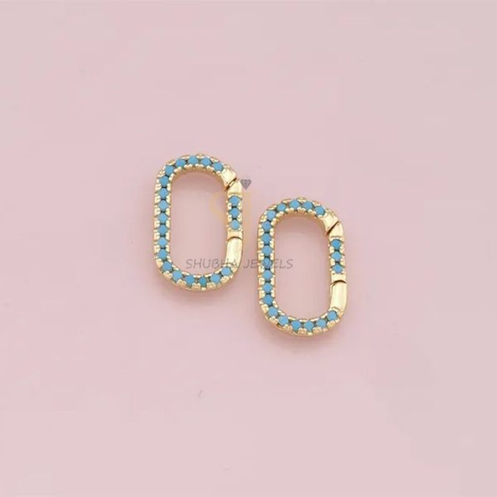 1 Pcs 925 Sterling Silver Gold Plated Oval Charm Holder Lock with Turquoise Pave Diamond | Designer Connector