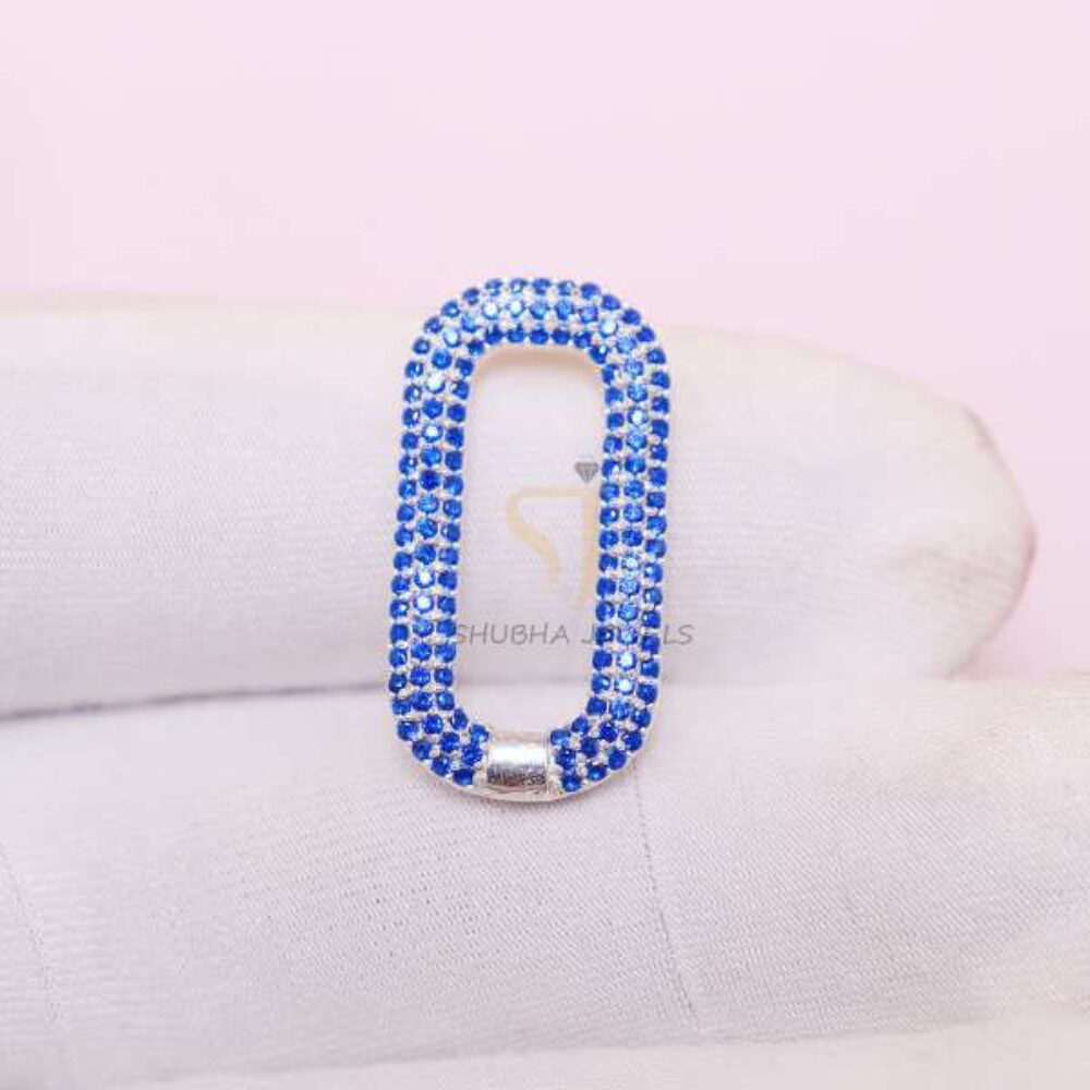 925 Sterling Silver Blue Sapphire Oval Carabiner Clasp | Pavé Jewelry Connector