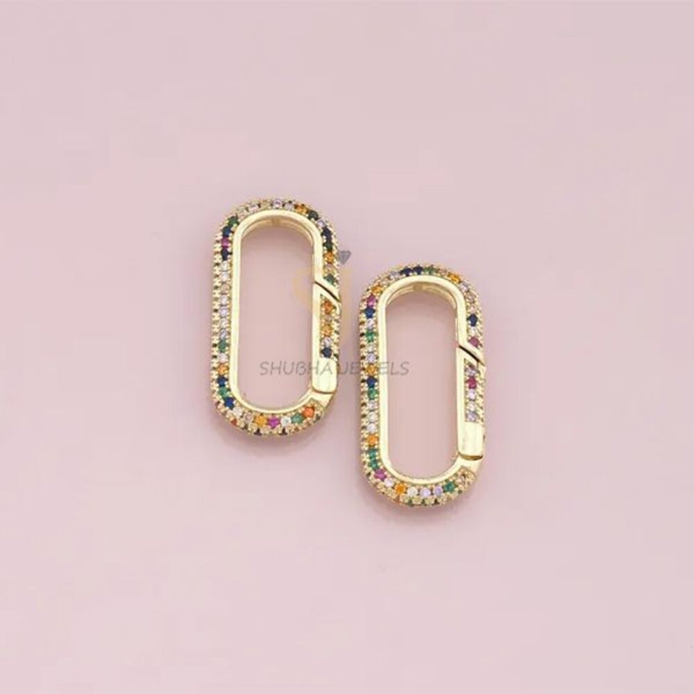 1 Pcs 925 Sterling Silver Gold Plated Oval Charm Holder Lock with Multicolor Pave Pave Diamond | Designer Connector