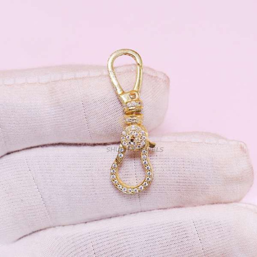 925 Sterling Silver Pave Ball Charm Holder Connector with Carabiner Clasp