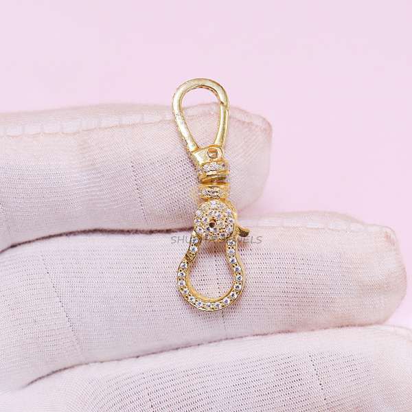 925 Sterling Silver Pave Ball Charm Holder Connector with Carabiner Clasp