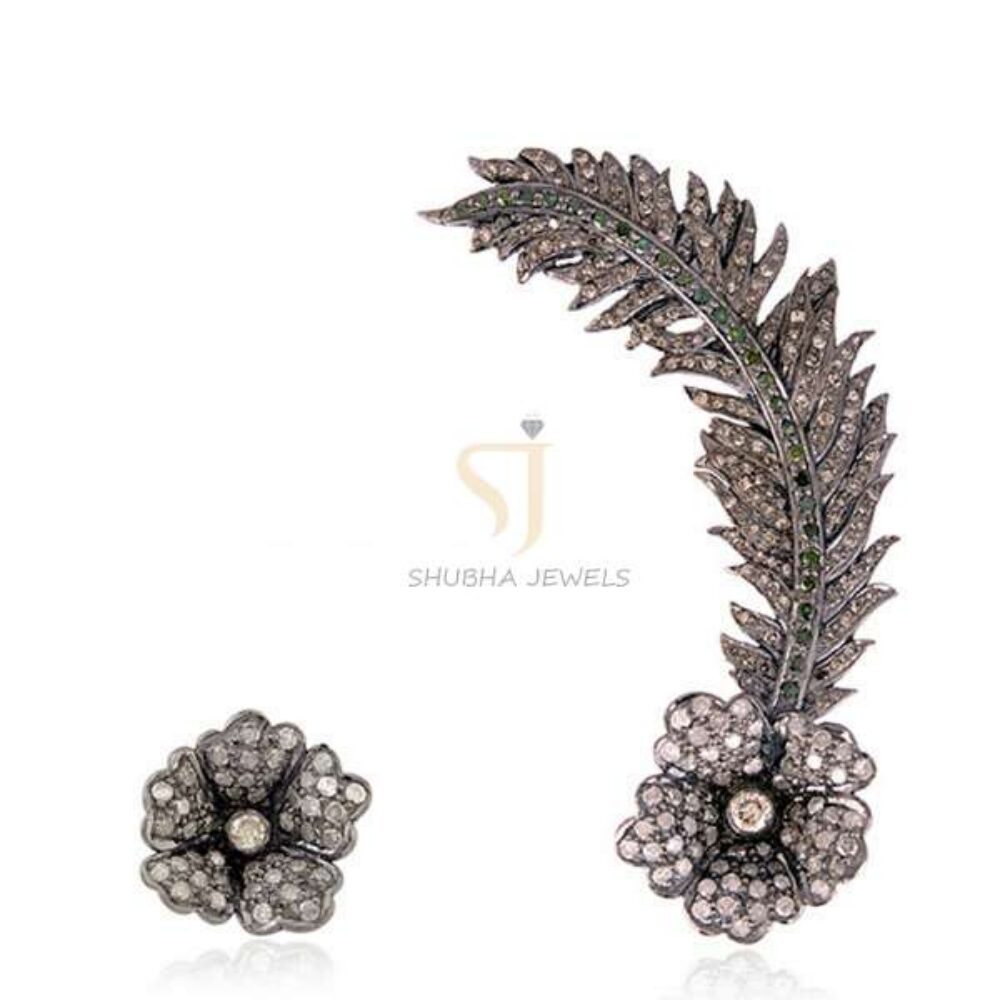 925 Sterling Silver Diamond Floral Feather Earrings