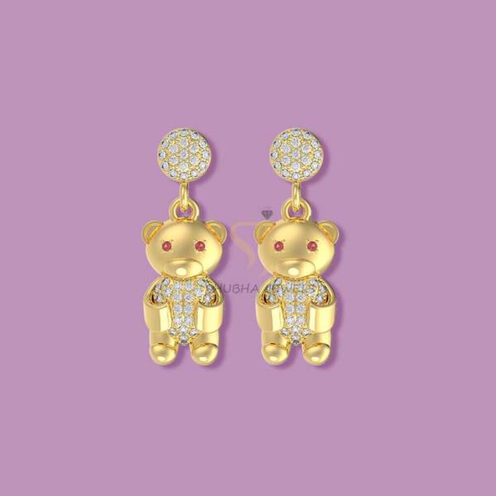 925 Sterling Silver Gold Plated Teddy Bear Diamond Drop Earrings