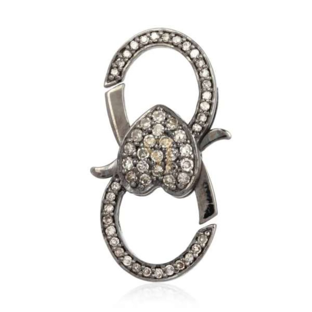 925 Sterling Silver Black Rhodium Pave Diamond Heart Push Lock Clasp Connector