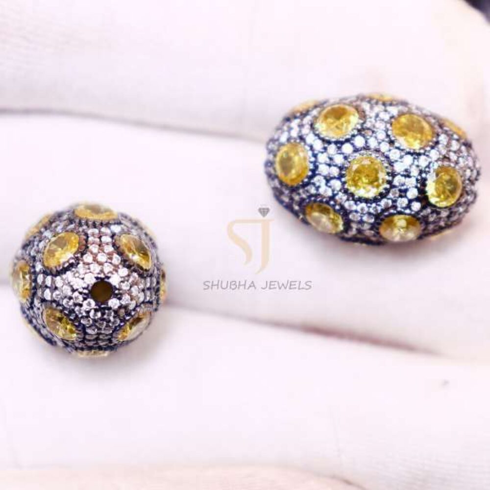 1 Pcs 925 Sterling Silver Yellow Sapphire Pave Bead Jewelry