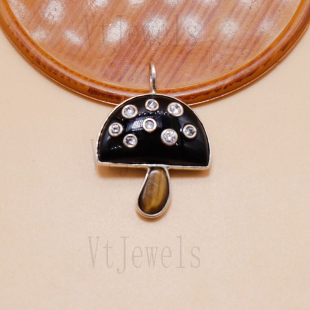 925 Sterling Silver Black Enamel Mushroom Pendant