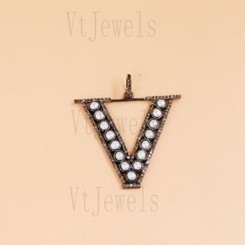 925 Sterling Silver Blackened Pearl Initial "V" Pendant